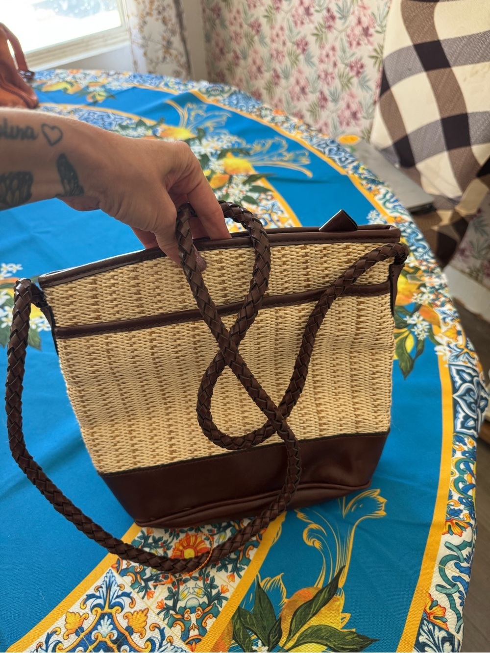 Jennifer Moore Natural Straw Tote with Brown Trim